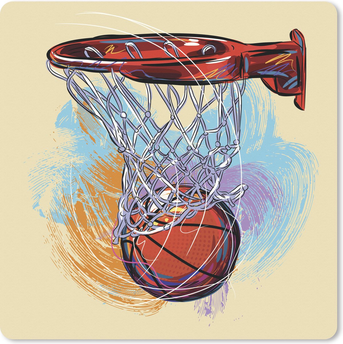 Muismat XXL - Bureau onderlegger - Bureau mat - een basketbal die op volle snelheid doel treft - 50x50 cm - XXL muismat