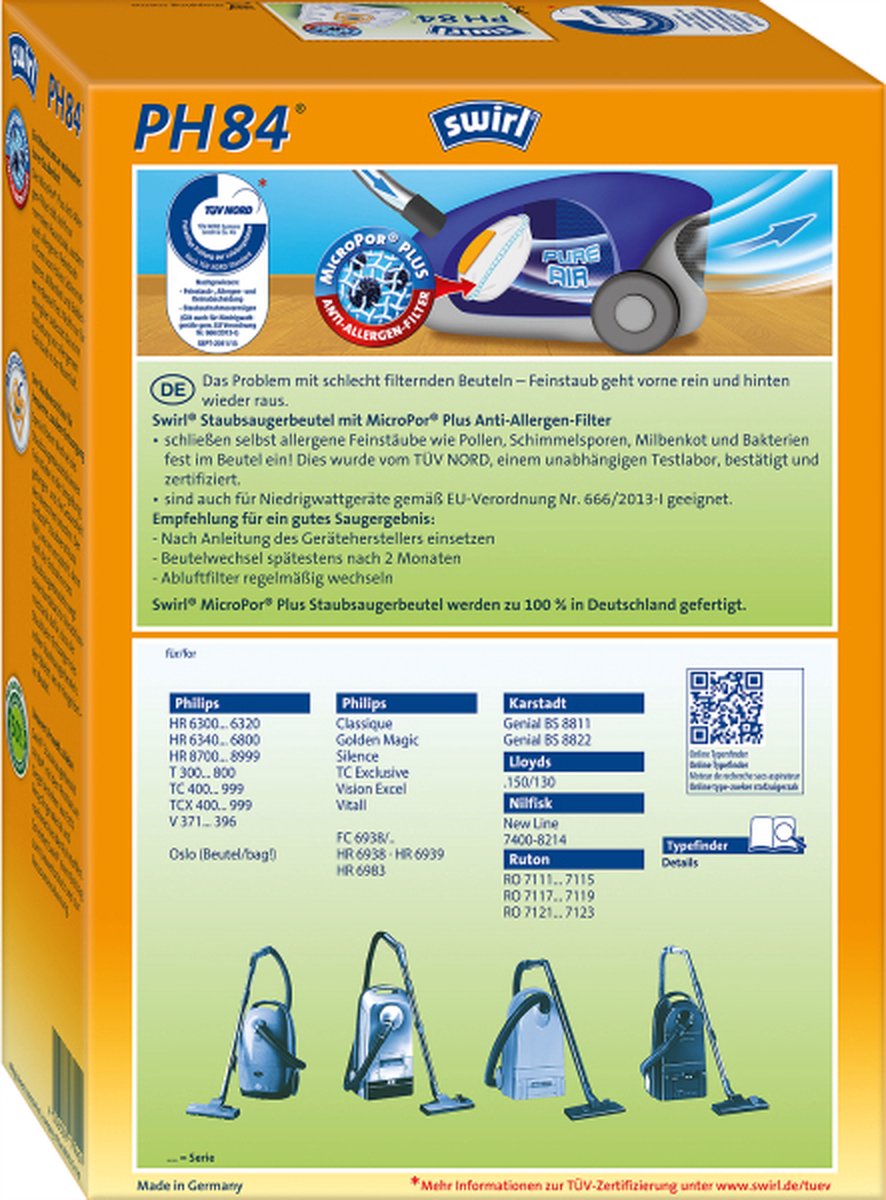 Swirl PH84 stofzuigerzakken - 4 stuks + 1 filter - Geschikt voor Philips OSLO - VISION - Classique TC 400 - 999 - HR6938 HR6939