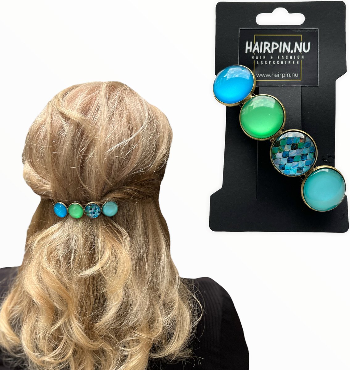 Hairpin haarspeld cabochon hairclip blauw groen print haarmode