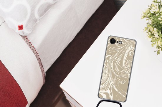 Cordon téléphonique - Chaîne téléphonique - Coque avec cordon iPhone SE 2020 - Marbre - Beige - Wit - Siliconen - Bandoulière - Coque pour téléphone avec cordon