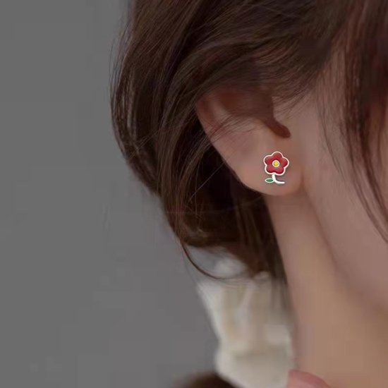 Boucles D'oreilles Clous Fleur En Argent 925 Avec Zircone Rouge Et Blanc - Silverspeck - Neuf Sans Emballage