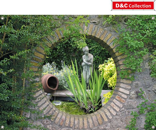 D&C Collection - tuinposter - 65x90 cm - stenen doorkijk - Geheime tuin vijver - schuttingposter - tuindoek - balkonposter