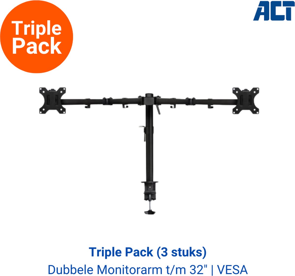Value Pack - 3 x ACT AC8302 Monitorarm | Bureausteun | 2 Schermen t/m 32 inch | VESA | Zwart