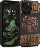 kwmobile telefoonhoesje geschikt voorApple iPhone 13 Pro - Hoesje met bumper - kersenhout - In lichtbruin / zwart Olifant met patroon design