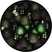 28x stuks kunststof kerstballen donkergroen en zwart mix 3 cm - Kerstboomversiering