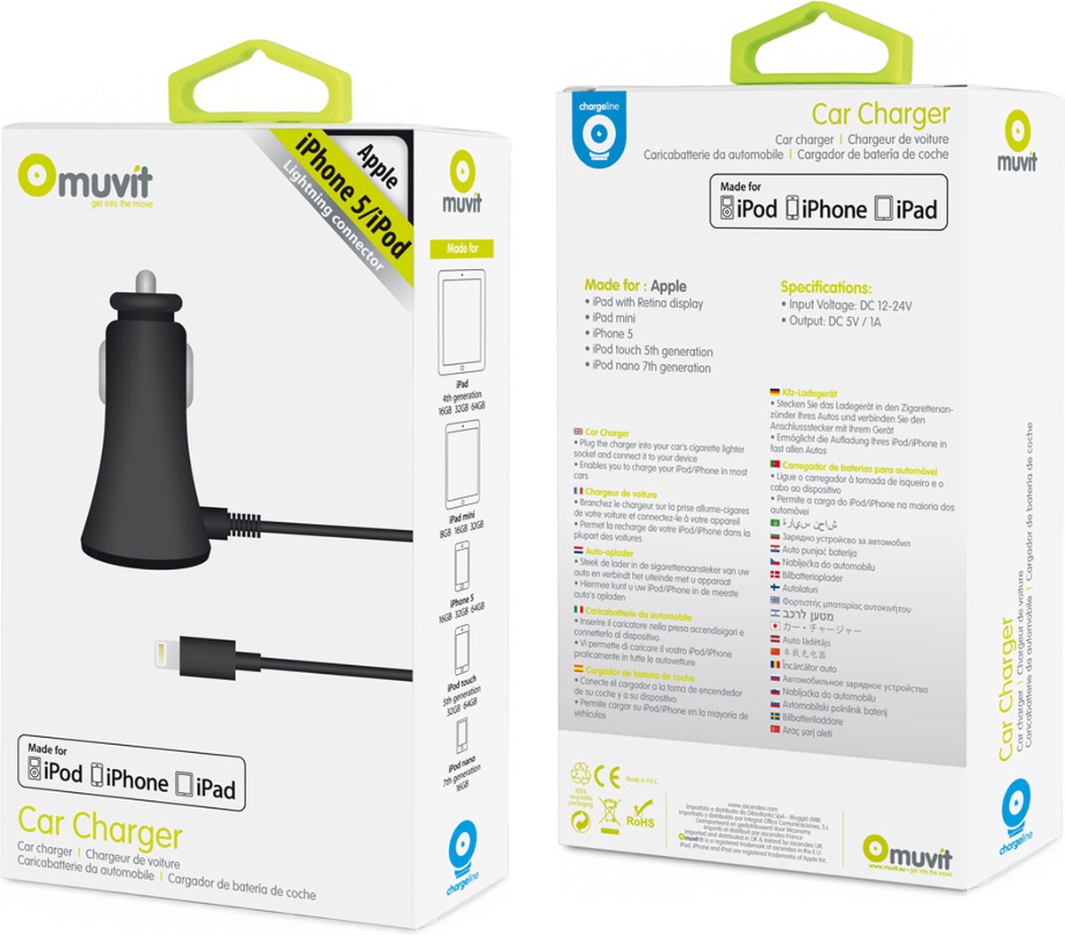 Muvit autolader Lightning aansluiting 2,1A - zwart
