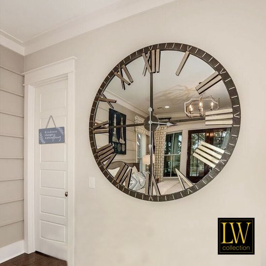 LW Collection spiegel wandklok 60cm - Grote klok met spiegel zwart grijs - spiegelklok - Moderne wandklok - Industriële wandklok