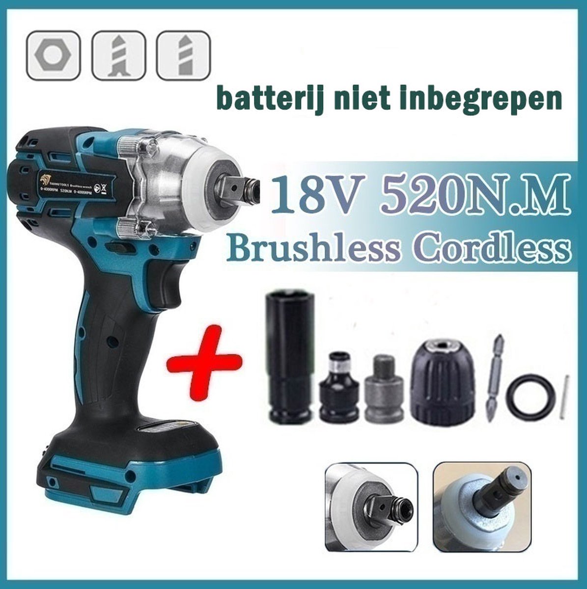 Elektrische slagmoersleutel 21 V grote torsie 520 Nm, borstelloze slagmoersleutel grote torsie antislip handgreep Oplaadbaar