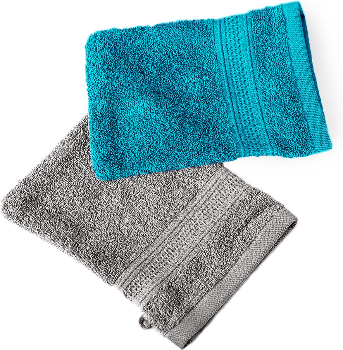 Komfortec Set van 2 Washandjes - 16x21 cm - 100% Zachte Katoen - Badstof - Sneldrogend, Zilvergrijs&Turquoise