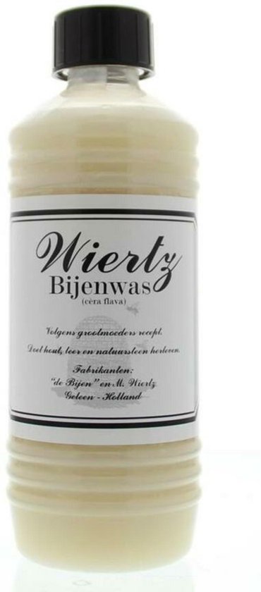 Wiertz Bijenwas, romig wit. Op het etiket staat 'Wiertz Bijenwas (cera flava)'.