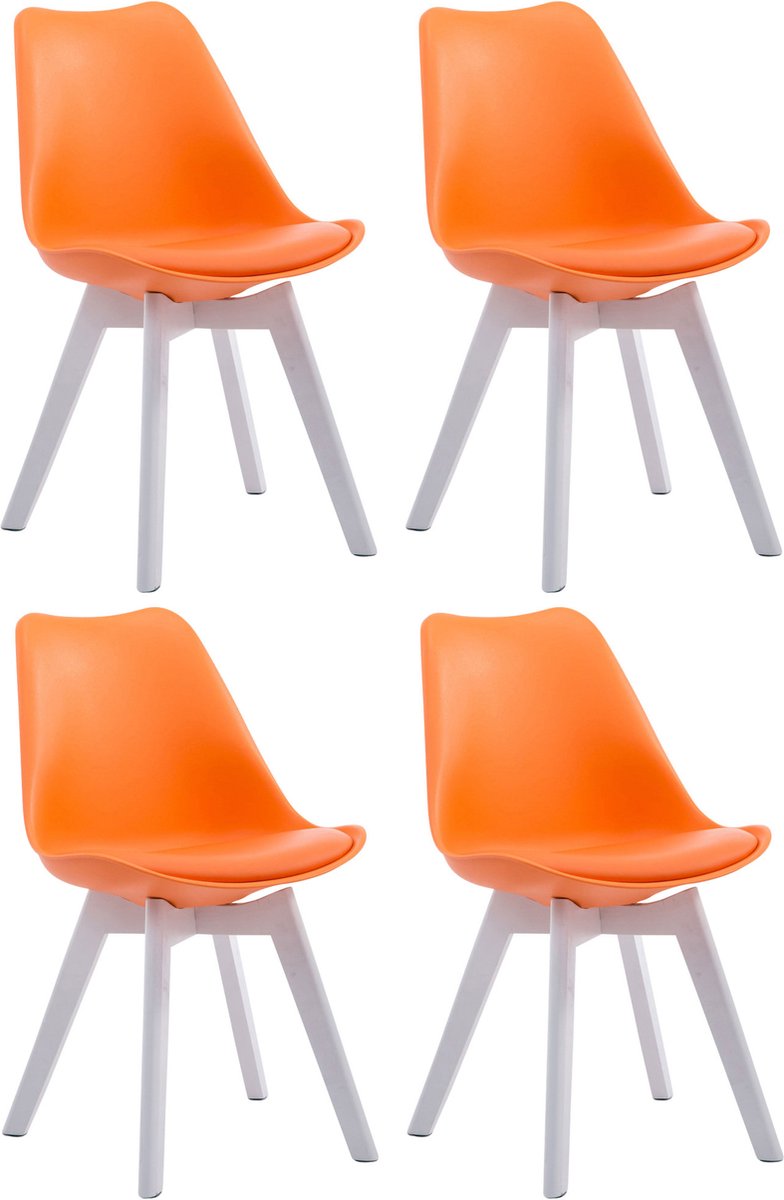 CLP Borneo Set van 4 eetkamerstoelen - Zonder armleuning - Hout frame - Kunstleer - oranje wit