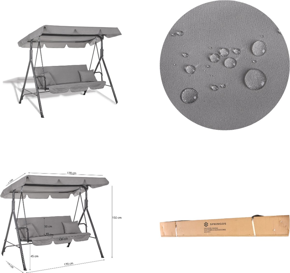 Springos - Schommelbank Luna - 3-zits - Grijs - 170 x 110 x 150 cm — afbeelding 4