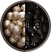 Bellatio Decorations Kerstballen mix - 74-delig - champagne en zwart - 6 cm - kunststof
