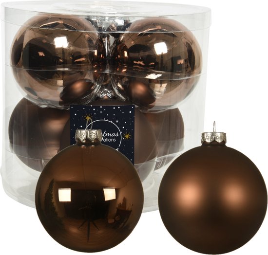 12x Boules de Noël marron noyer en verre 10 cm - mat/brillant - Décorations de Noël/ décorations d'arbres