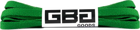 Groene platte veters met een GBG Goods label in het midden.