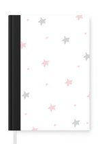 Notitieboek - Schrijfboek - Illustratie met een patroon van roze en grijze sterren op een witte achtergrond - Notitieboekje klein - A5 formaat - Schrijfblok