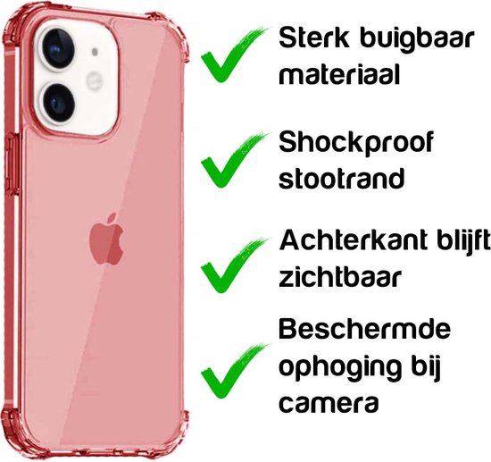 Een doorzichtig rood iPhone hoesje met tekst en vinkjes die de kenmerken beschrijven.