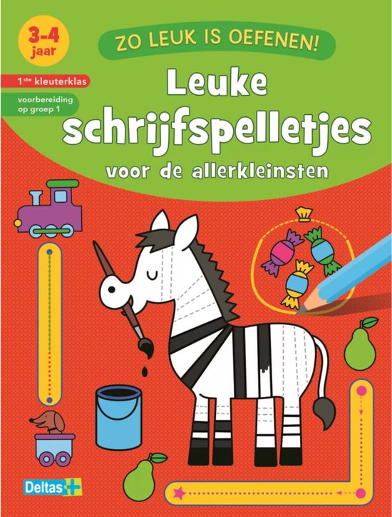 Boek "Leuke schrijfspelletjes voor de allerkleinsten" met een zebra, trein, emmer en potlood.