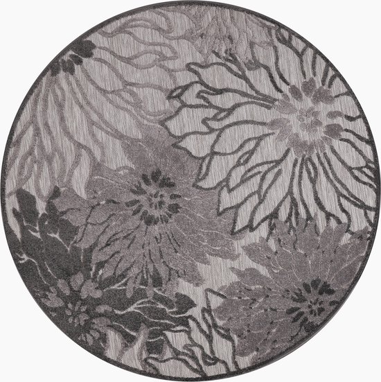Muratap Floral Buitenkleed Rond - Grijs- 150 CM ROND - Tuintapijt - Buitentapijt - Vloerkleed Buiten en Binnen