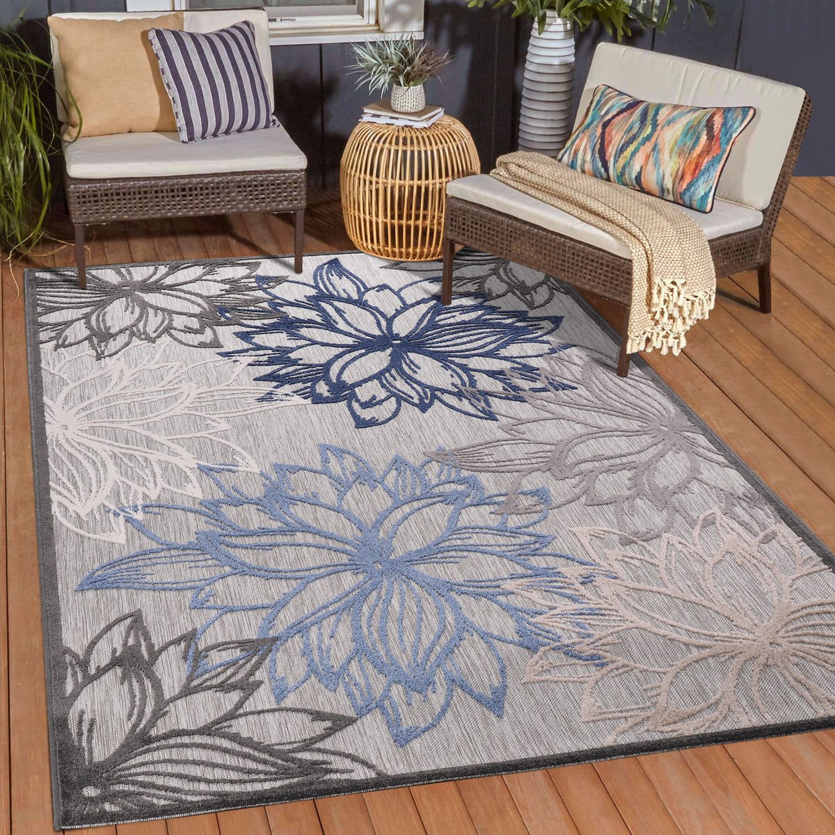 Muratap Floral Outdoor - Buitenkleed Tuin - Weerbestendig Vloerkleed - Grijs