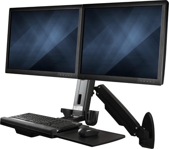 Foto: Sit stand desk wall mount dual monitor wand monteerbaar zit sta bureau werkplek dual monitor converteer uw werkplek met twee schermen snel in een zit sta bureau voor meer comfort en productiviteit productcode wallsts2