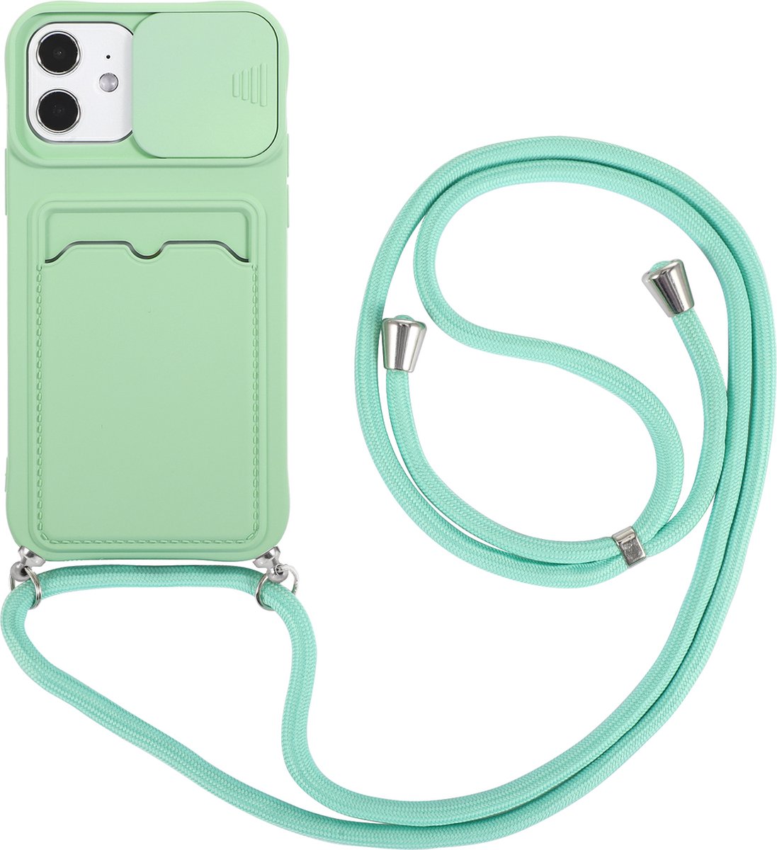 Hoesje geschikt voor iPhone 13 - Backcover - Koord - Pasjeshouder - Portemonnee - TPU - Lichtgroen