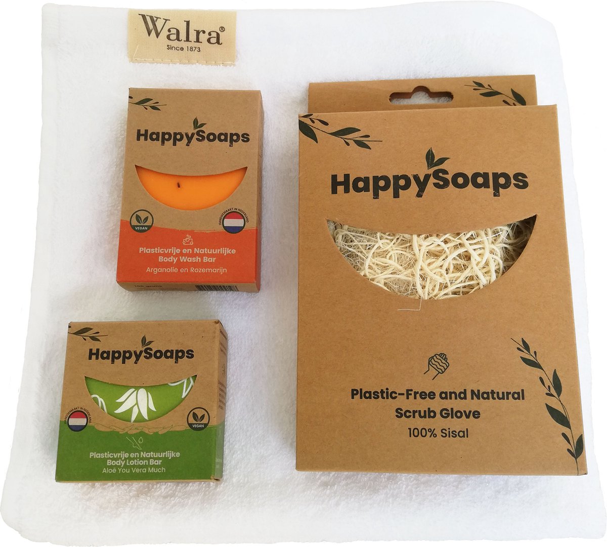 Happy Soaps : Body Lotion - Body Wash - Scrub handschoen - WALRA Handdoek - Geschenkset - Ontspanning Cadeau