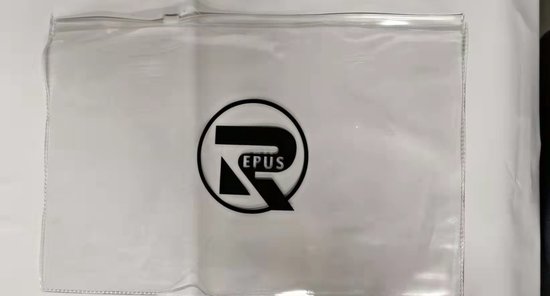 Transparante plastic tas met rits en een zwart 'R EPUS'-logo.
