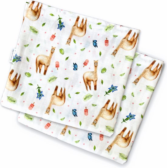 Hydrofiele doeken alpaca print - 2 stuks - Super zacht bamboe - 60x60cm - Baby kraamcadeau - jungle patroon - Eigen ontwerp geschilderd door Mies