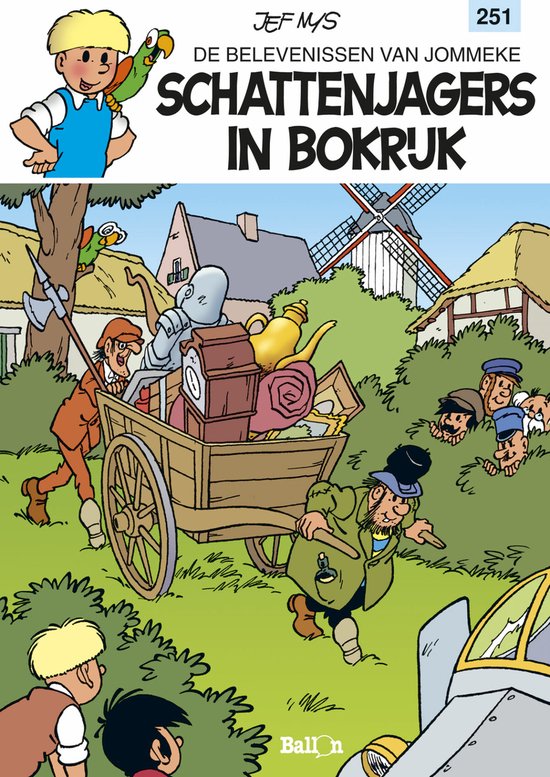 Boekomslag van Jommeke 251. Schattenjagers in Bokrijk. Jommeke en zijn vrienden, een kruiwagen vol schatten en een molen.