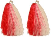 4x Stuks cheerball/pompom rood/wit met ringgreep 33 cm - Cheerleader verkleed accessoires