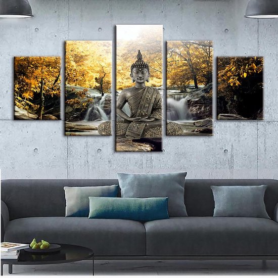 Toile de peinture, Bouddha géant de la forêt à cinq feuilles jaunes, 30x40cmx2p