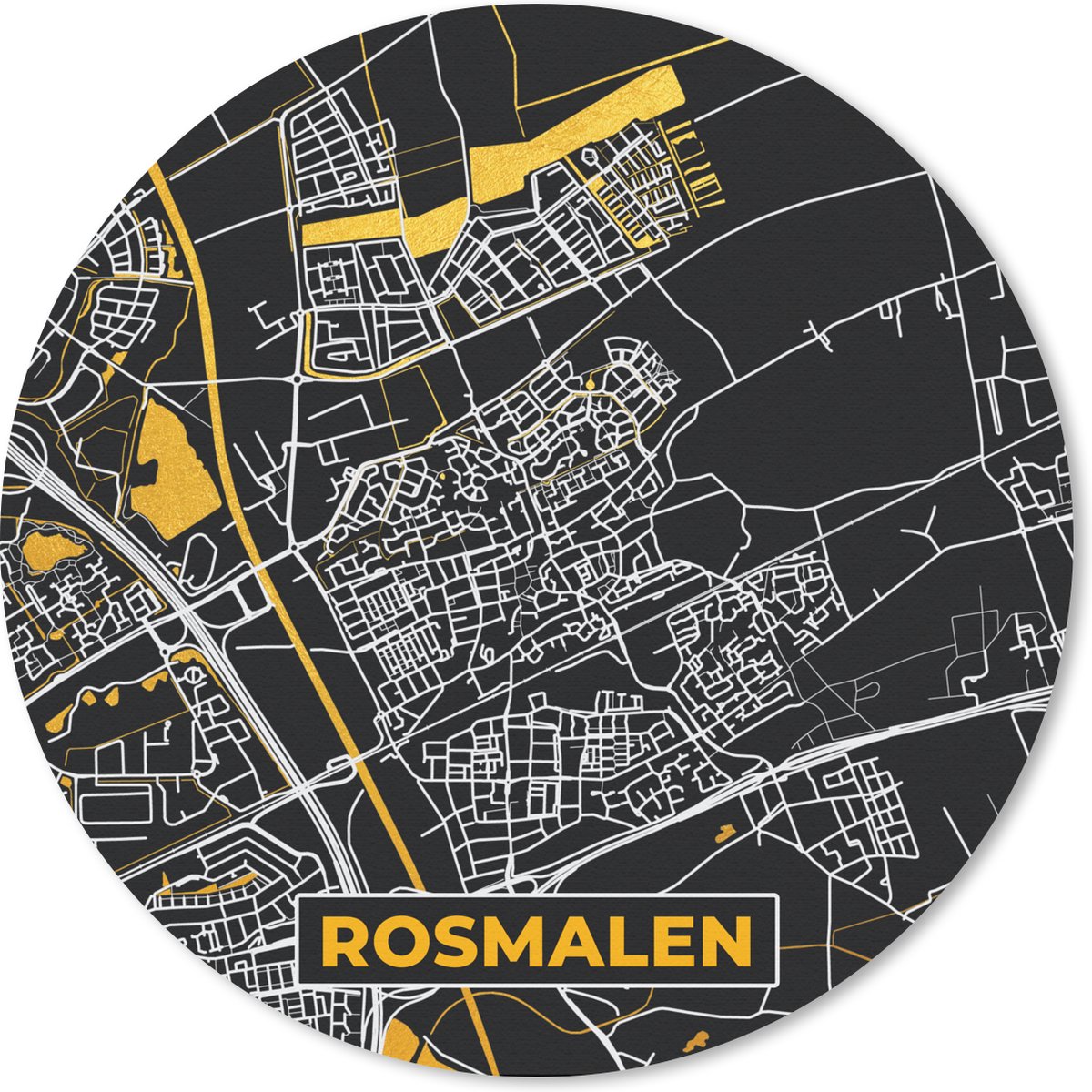 Muismat - Mousepad - Rond - Rosmalen - Plattegrond - Stadskaart - Kaart - Black and Gold - 30x30 cm - Ronde muismat