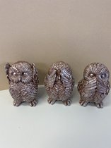 Hiboux "entendre, voir et se taire" figurines - argent + rouge - lot de 3 - 13 cm de haut - polyrésine - Figurines décoratives - Accessoires de maison