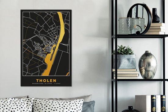 Tableau sur toile Tholen - Black and Gold et Or - Plan de la ville - Carte - Plan - 40x60 cm - Décoration murale
