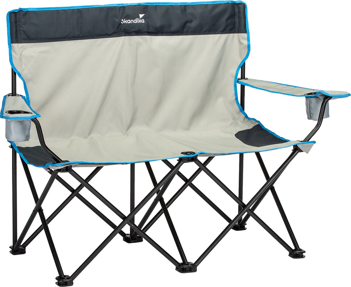 Skandika Double Folding Chair – Campingstoelen - Kampeerstoel - Tweezits XXL campingstoel voor 2 personen met rugleuning – Inklapbaar, belastbaar tot 200 kg – Tweezitter met drinkhouder – Campingbank voor camping, balkon, en tuin – grijs/blauw