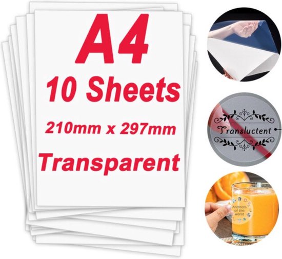 10 x Transparant Sticker Vel - Printbaar A4 210 x 297 mm - Voor Inkjet  printer -... | bol.com
