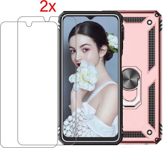 BixB Samsung Galaxy A13 Hybrid Armor hoesje Met 2 Pack Screenprotector Rose Goud  – Samsung Galaxy A13 Extreme backcover – Samsung A13 backcover – Samsung A13 – ringhouder hoesje