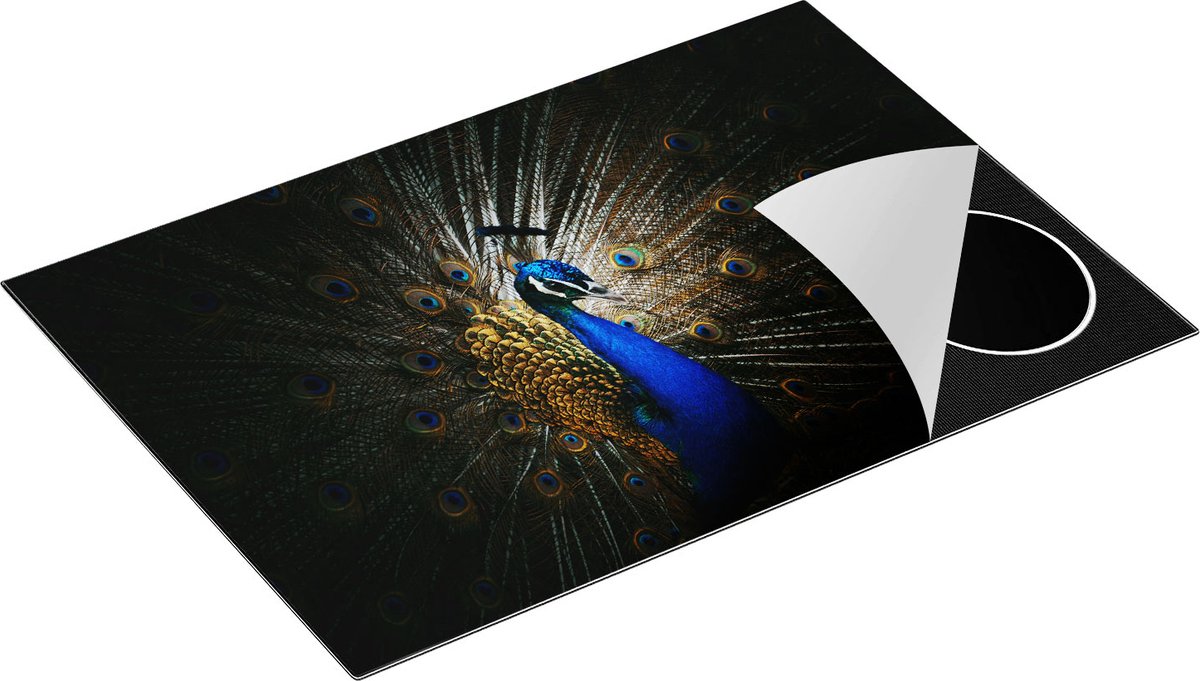 Chefcare Inductie Beschermer Blauwe Pauw met Grote Veren - 75x50 cm - Afdekplaat Inductie - Kookplaat Beschermer - Inductie Mat