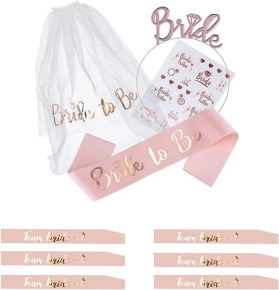 Ensemble de fête pour enterrement de vie de jeune fille avec des écharpes roses 'Team Bride' et blanches 'Bride to Be' et un voile avec diadème 'Bride'.