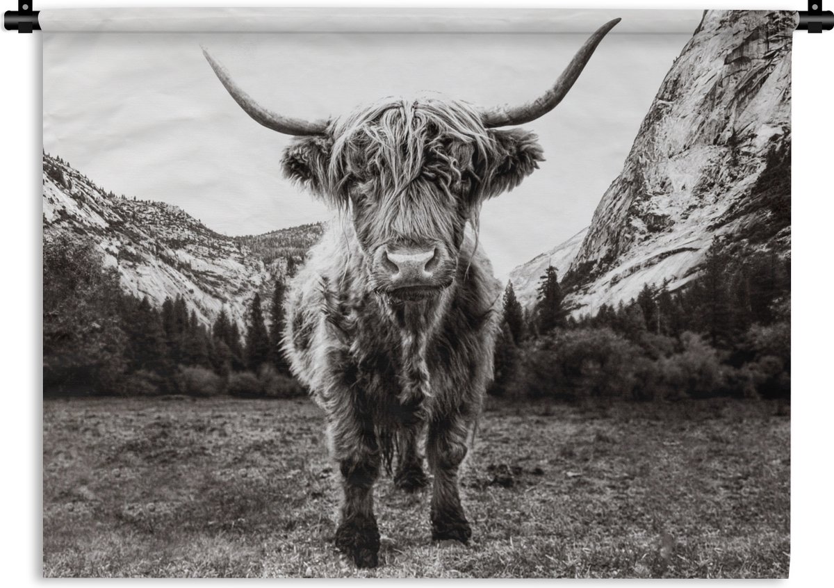 Wandkleed - Wanddoek - Berg - Zwart - Wit - Schotse Hooglander - 150x112 cm - Wandtapijt