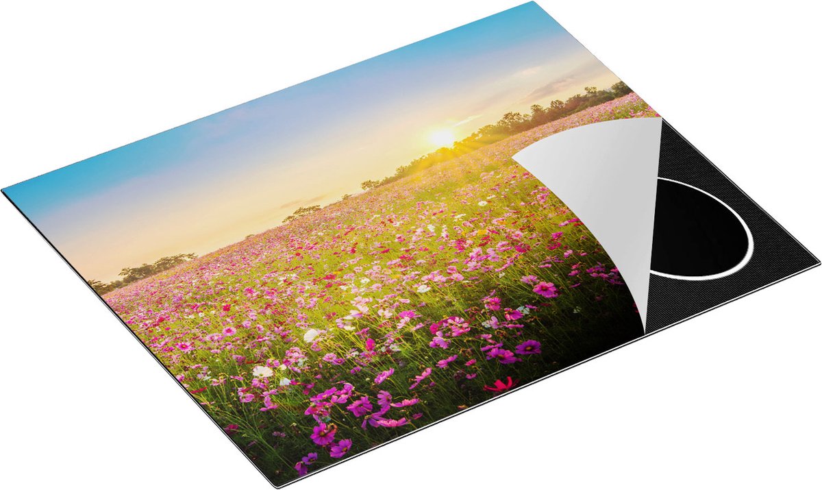 Chefcare Inductie Beschermer Bloemenveld met Roze Kosmos - 65x50 cm - Afdekplaat Inductie - Kookplaat Beschermer - Inductie Mat