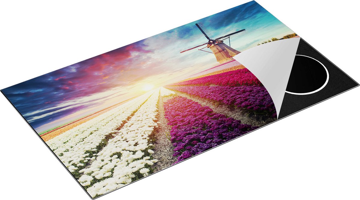 Chefcare Inductie Beschermer Kleurrijke Tulpen Bloemenveld - Windmolen - 90x52 cm - Afdekplaat Inductie - Kookplaat Beschermer - Inductie Mat