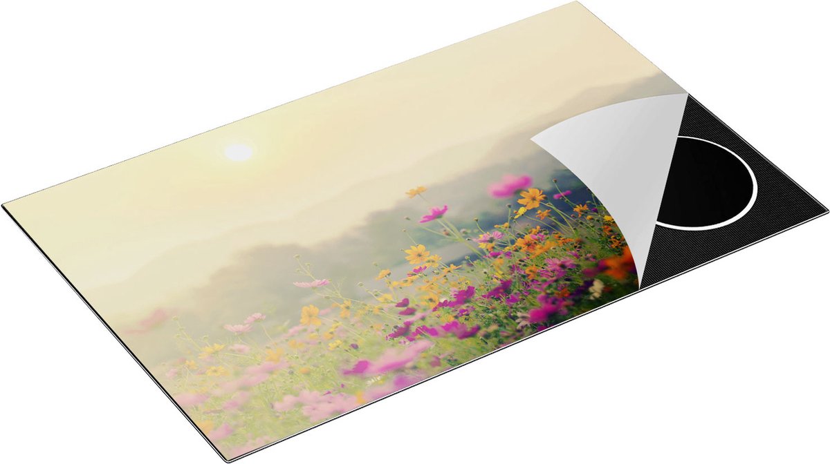 Chefcare Inductie Beschermer Bloemenveld met Kosmos - Zonsondergang - 85x50 cm - Afdekplaat Inductie - Kookplaat Beschermer - Inductie Mat