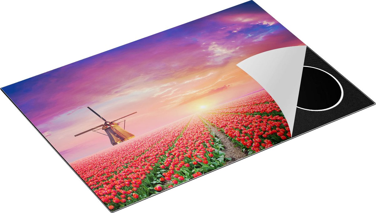Chefcare Inductie Beschermer Rode Rozen Bloemenveld met een Windmolen - 75x55 cm - Afdekplaat Inductie - Kookplaat Beschermer - Inductie Mat