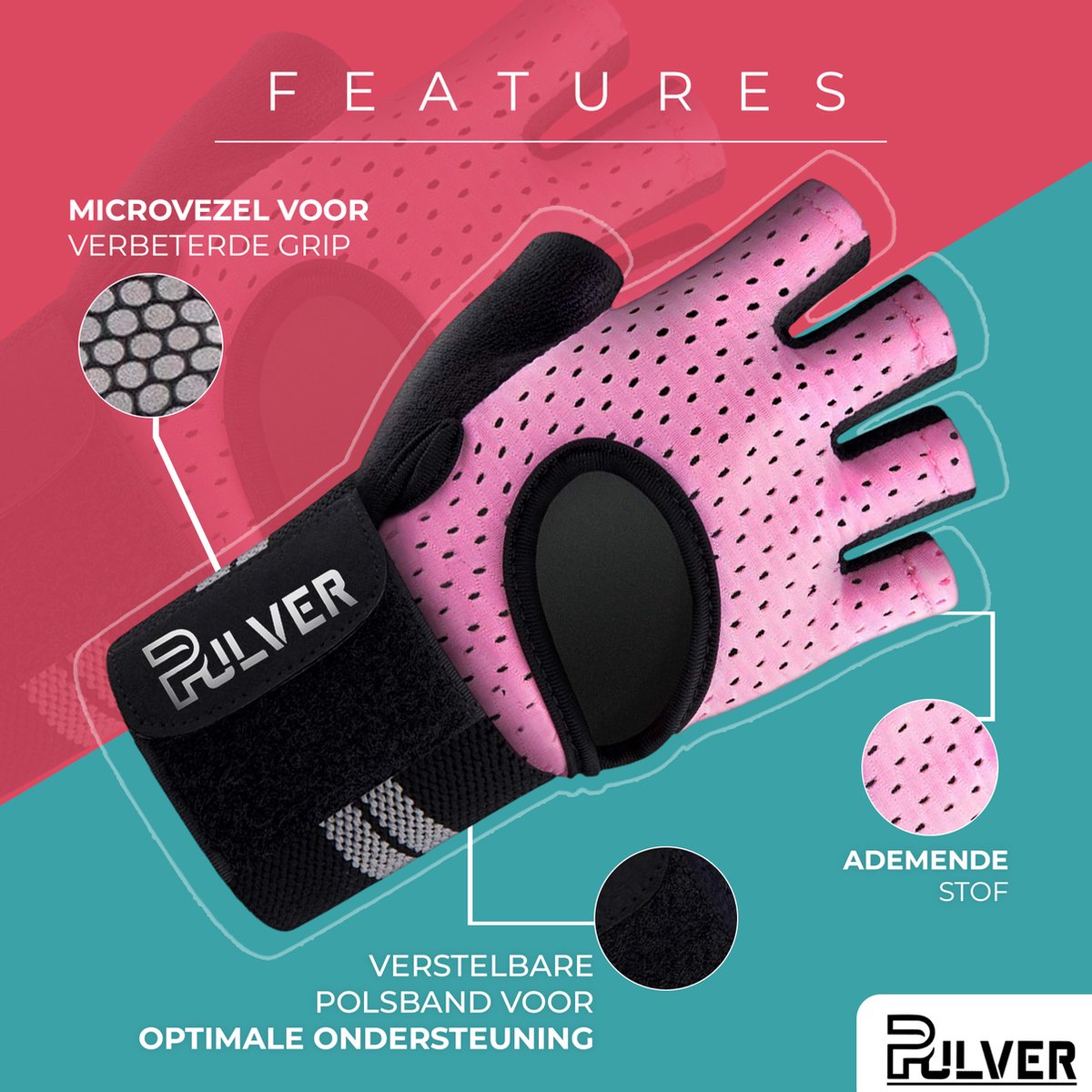 Pulver - Fitness Handschoenen - Heren & Dames – Krachttraining – Crossfit - sport handschoen - Kracht – Roze – Sport Maat S