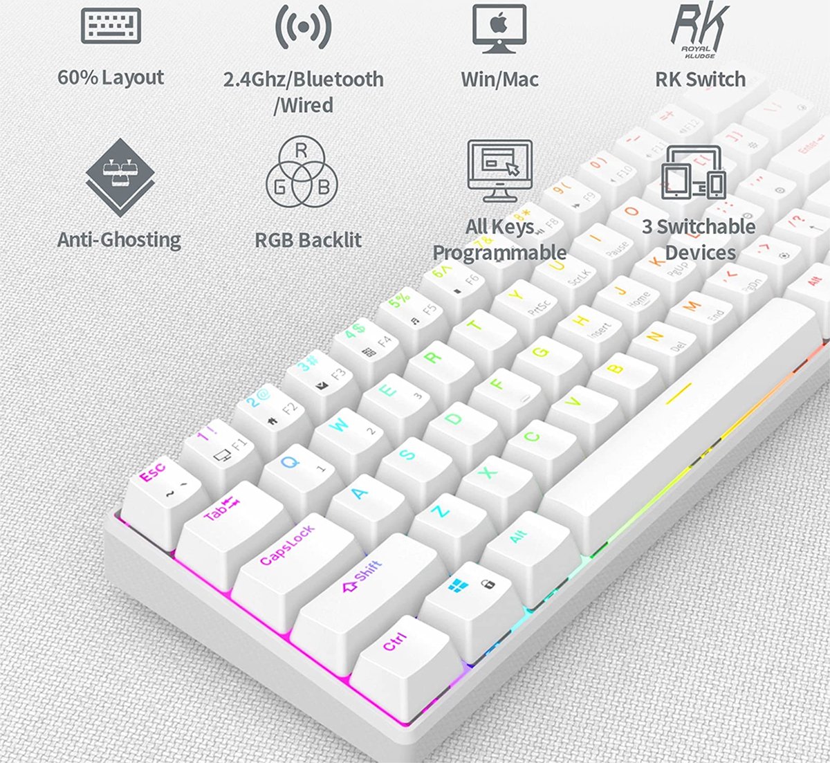 Royal Kludge RK61 - Mechanisch Gaming Toetsenbord - Draadloos - Ergonomisch - RGB - Brown Switch thumbnail 3