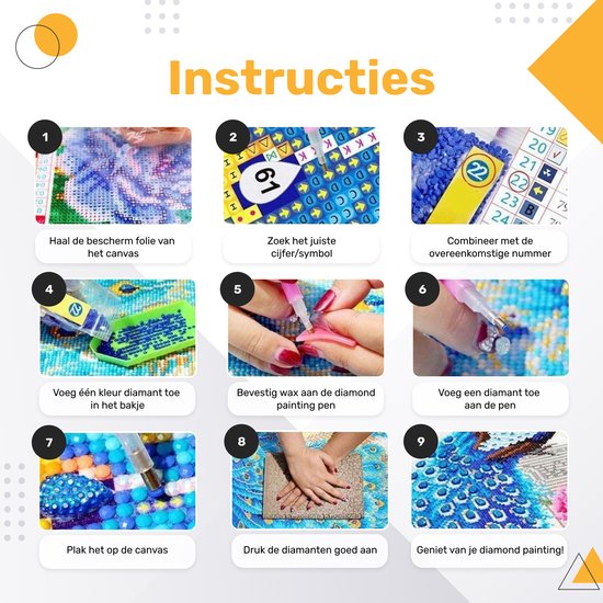Instructions pour la peinture diamantée avec des images de la réalisation de la peinture, de l'étape 1 à 9.