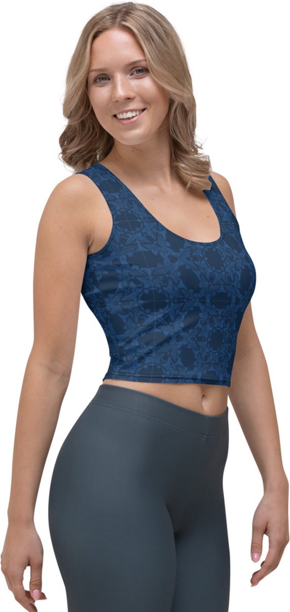 CropTop - design Grace in Lace - Dry Fit - High Performance - unieke print - 4way stretch - UPF 50+ - Hardloop - Yoga - Fitness - Dans - Pilates - Training - Sport Top - dames - donkerblauw klassiekblauw - maat M
