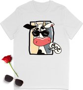 Grappig t Shirt met Cartoon Koe - Dames t shirt met print - Heren t shirt met opdruk - Unisex maten: S M L XL XXL XXXL - Tshirt kleuren: wit, khaki, blauw en groen.